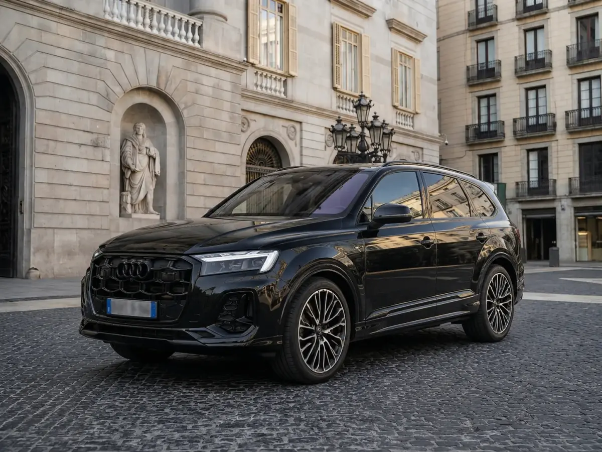 Audi Q7 50 TDI S-Line Edition 2025, profil latéral — Florence Luxury Car Rental, Florence. Audi Q7 50 TDI S-Line Edition à Florence La Audi Q7 50 TDI S-Line Edition 2025 est…
