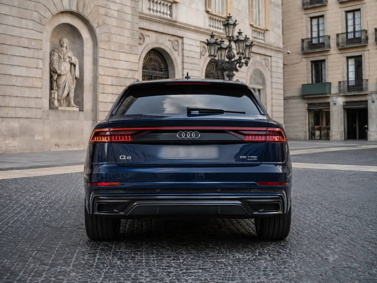 Audi Q8 55 TFSI 2022, vue arrière — Florence Luxury Car Rental, Florence. Audi Q8 55 TFSI à Florence La location d'une Audi Q8 55 TFSI à Florence met à disposition…