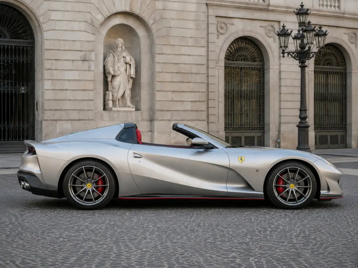 Ferrari 812 GTS 2024, profil latéral — Florence Luxury Car Rental, Florence. Ferrari 812 GTS à Florence La Ferrari 812 GTS 2024 fait partie des modèles sport…