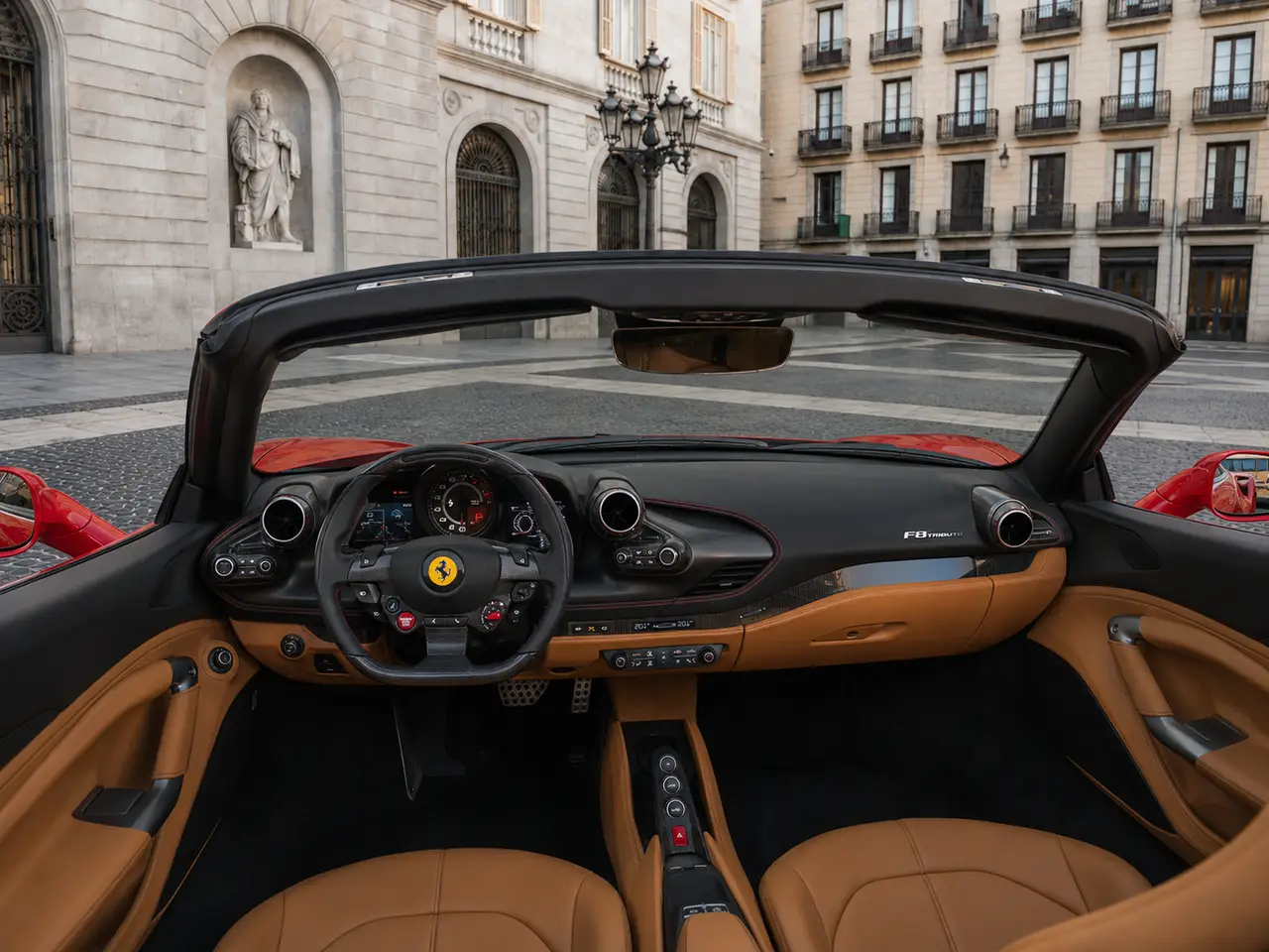 Ferrari F8 Tributo Spider Red 2023, interior — Florence Luxury Car Rental, Florencia. Ferrari F8 Tributo Spider Red en Florencia El alquiler del Ferrari F8 Tributo Spider Red…
