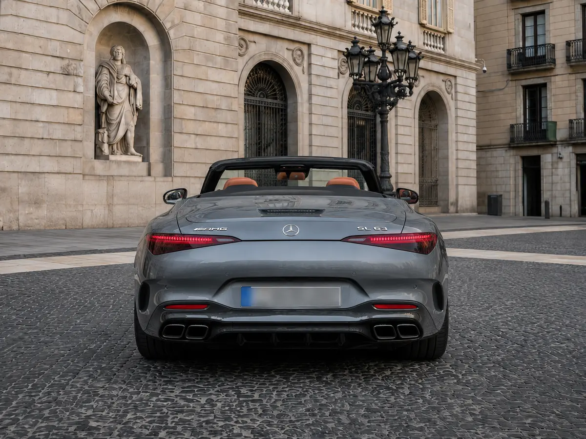 Mercedes Benz SL63 Cabrio 2023, vista posteriore — Florence Luxury Car Rental, Firenze. Mercedes Benz SL63 Cabrio a Firenze Il noleggio di una Mercedes Benz SL63 Cabrio a…