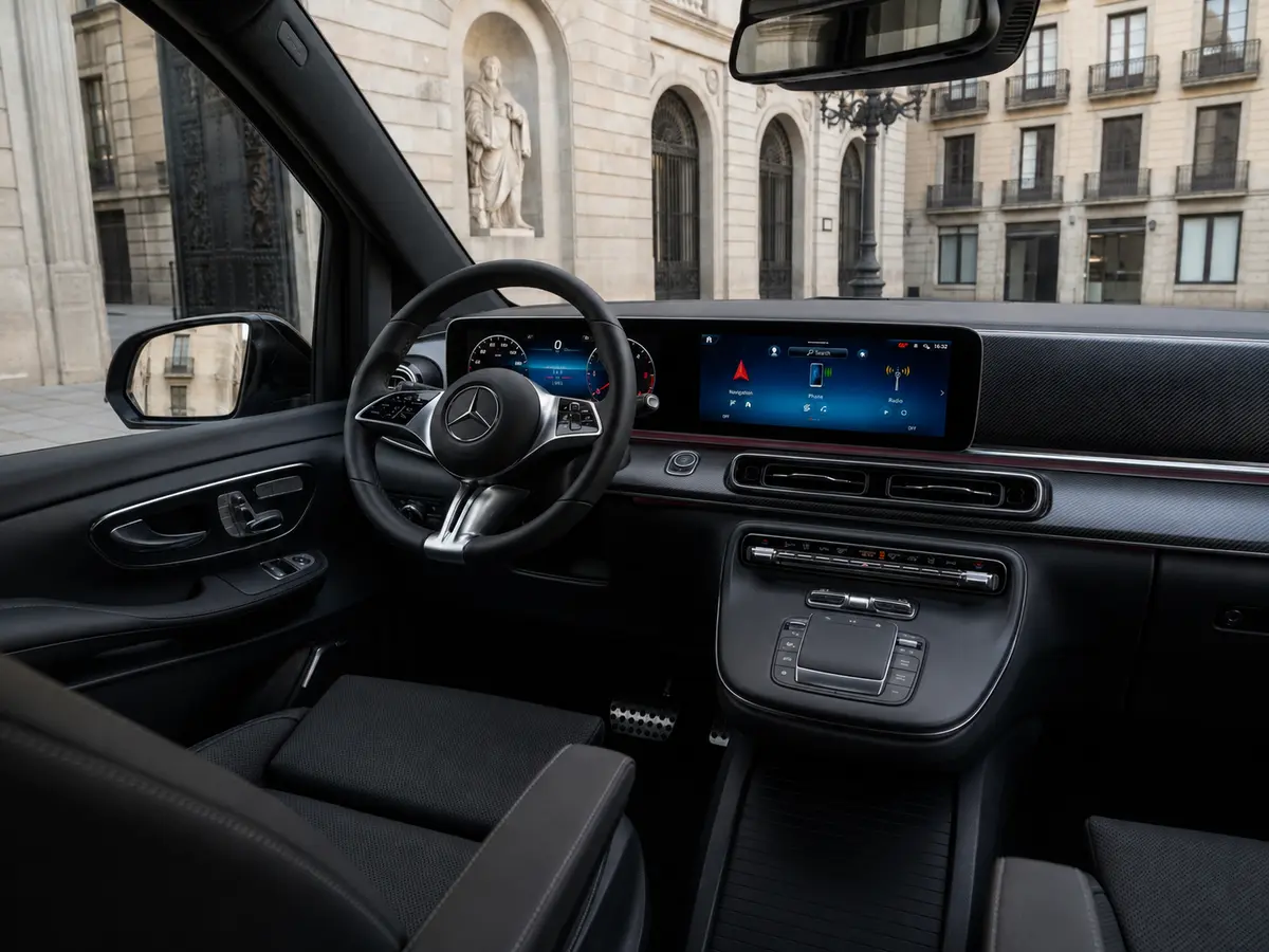 Mercedes Benz V300 8 seats 2025, interior — Florence Luxury Car Rental, Florence. Mercedes Benz V300 8 seats in Florence A Mercedes Benz V300 8 seats rental in Florence…