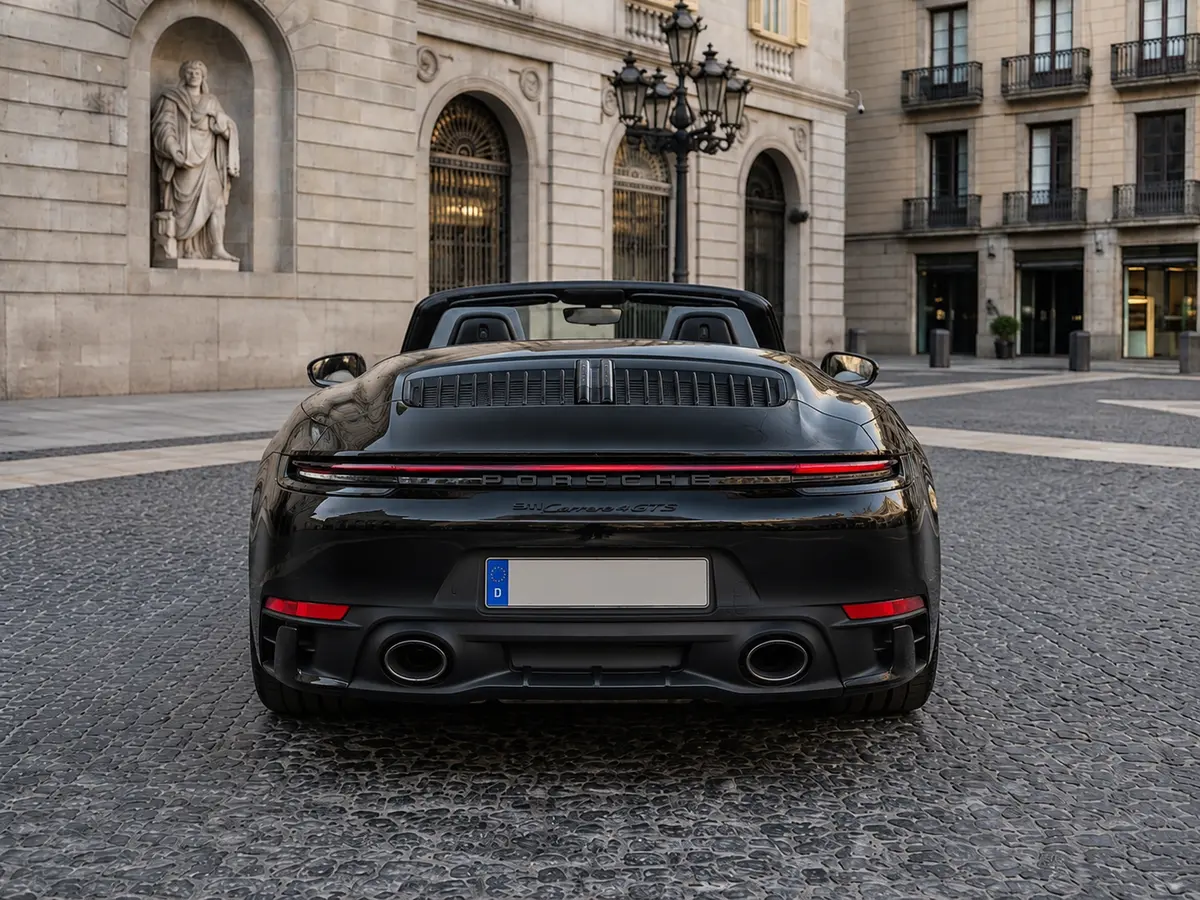 Porsche 992 Carrera 4 GTS Cabrio 2024, vista posteriore — Florence Luxury Car Rental, Firenze. Porsche 992 Carrera 4 GTS Cabrio a Firenze Il noleggio della Porsche 992 Carrera 4 GTS…